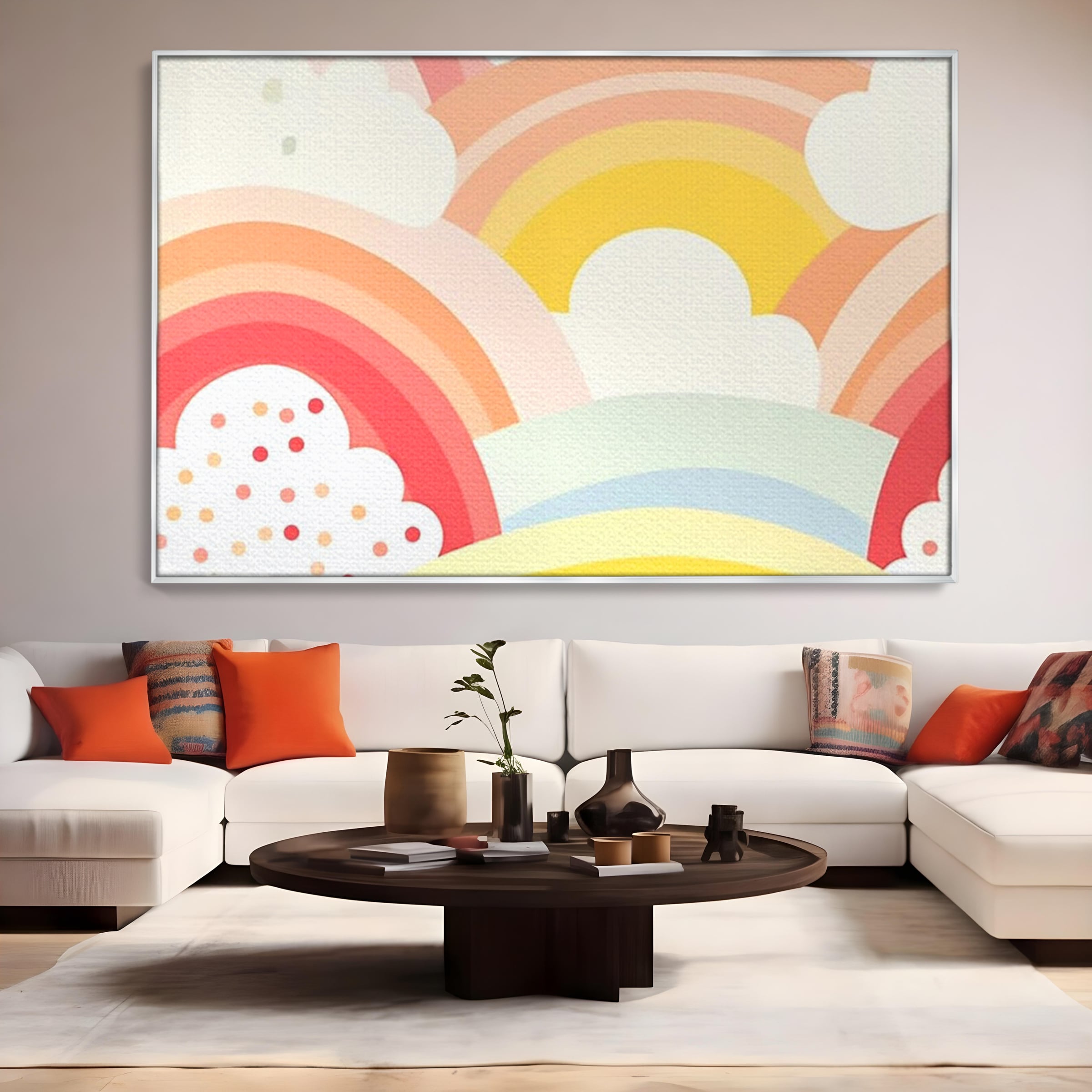 Tablou canvas cu ilustratie digitala cu curcubeu pastel si nori, in rama de aluminiu argintiu, pe perete intr-un living